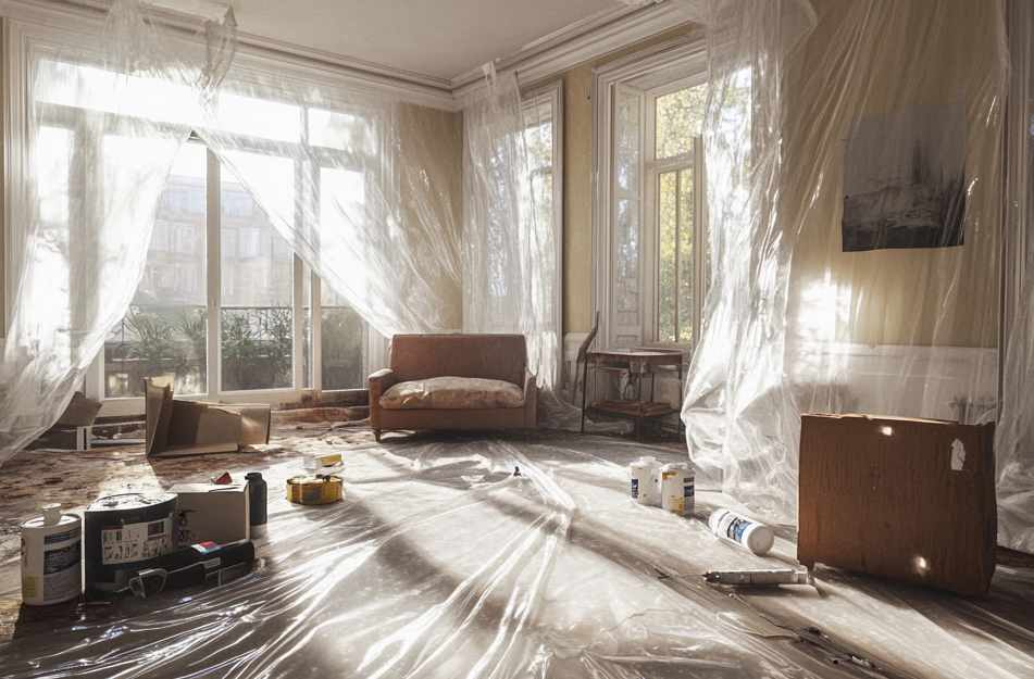 Salon vidé et protégé par des bâches plastiques pour la préparation chantier rénovation électrique.